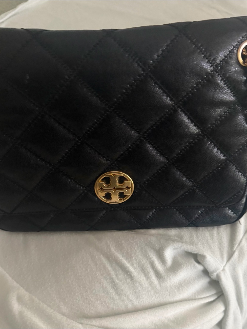 Tory Burch Black Quilted Leather Crossbody with Gold Logo